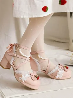 Sweet Lolita Sandals Bows Round Toe Chunky Heel PU Leather Pink Lolita Summer Ankle Strap Heels