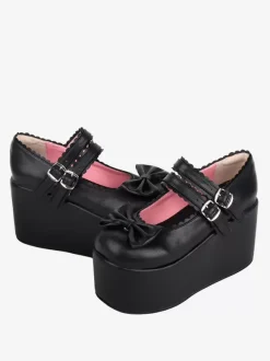 Sweet Lolita Sandals Bows Round Toe Bow PU Leather Black Lolita Summer Shoes