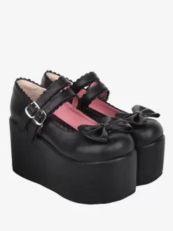 Sweet Lolita Sandals Bows Round Toe Bow PU Leather Black Lolita Summer Shoes
