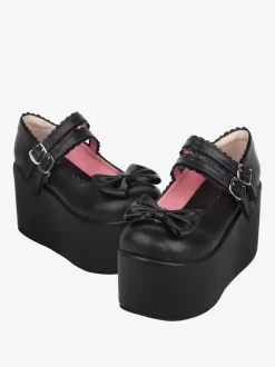 Sweet Lolita Sandals Bows Round Toe Bow PU Leather Black Lolita Summer Shoes