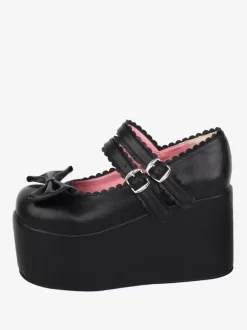 Sweet Lolita Sandals Bows Round Toe Bow PU Leather Black Lolita Summer Shoes