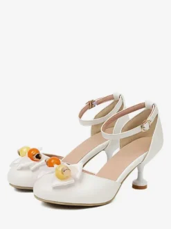 Sweet Lolita Sandals Bows Round Toe PU Leather White Lolita Summer Shoes