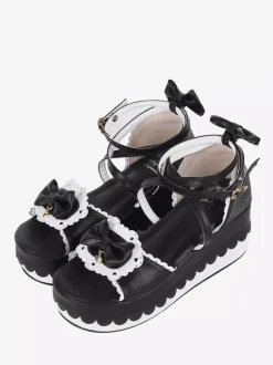 Sweet Lolita Sandals Bows Open Toe PU Leather Black Lolita Summer Shoes