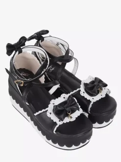 Sweet Lolita Sandals Bows Open Toe PU Leather Black Lolita Summer Shoes