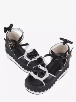 Sweet Lolita Sandals Bows Open Toe PU Leather Black Lolita Summer Shoes