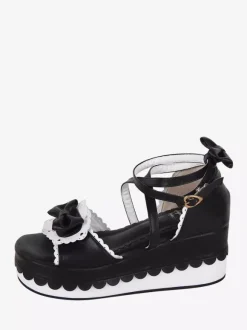 Sweet Lolita Sandals Bows Open Toe PU Leather Black Lolita Summer Shoes