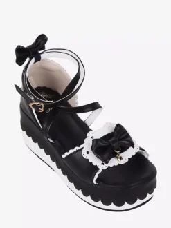 Sweet Lolita Sandals Bows Open Toe PU Leather Black Lolita Summer Shoes