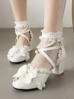 Sweet Lolita Sandals Bows Pearls Ruffles Round Toe PU Leather White Lolita Summer Shoes