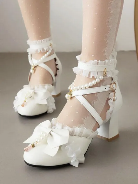 Sweet Lolita Sandals Bows Pearls Ruffles Round Toe PU Leather White Lolita Summer Shoes