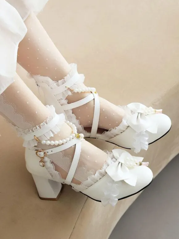 Sweet Lolita Sandals Bows Pearls Ruffles Round Toe PU Leather White Lolita Summer Shoes