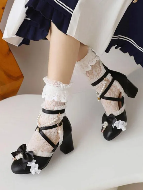 Sweet Lolita Sandals Bows Pearls Ruffles Round Toe PU Leather White Lolita Summer Shoes