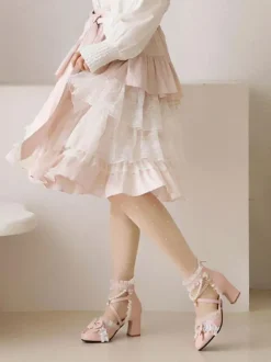 Sweet Lolita Sandals Bows Pearls Ruffles Round Toe PU Leather White Lolita Summer Shoes
