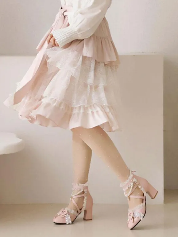 Sweet Lolita Sandals Bows Pearls Ruffles Round Toe PU Leather White Lolita Summer Shoes