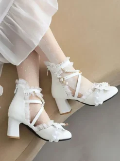 Sweet Lolita Sandals Bows Pearls Ruffles Round Toe PU Leather White Lolita Summer Shoes
