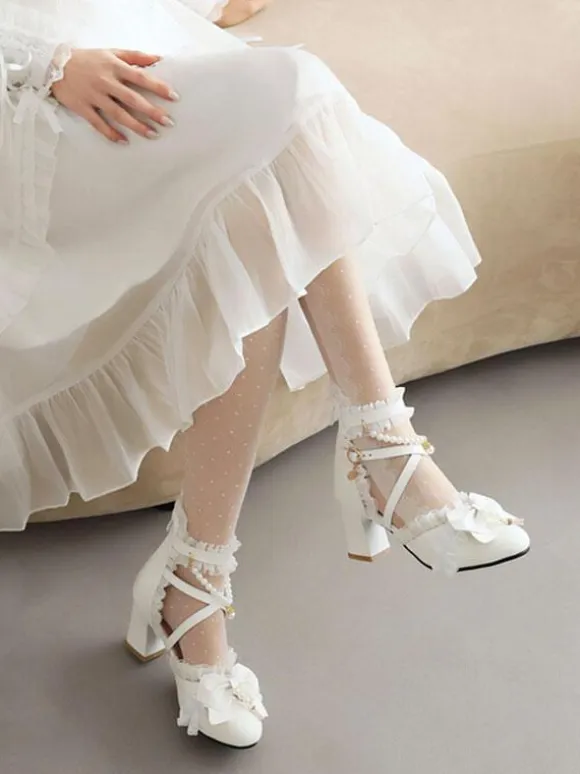 Sweet Lolita Sandals Bows Pearls Ruffles Round Toe PU Leather White Lolita Summer Shoes