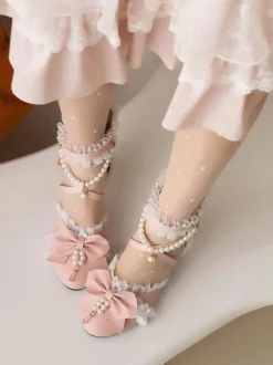 Sweet Lolita Sandals Bows Pearls Ruffles Round Toe PU Leather White Lolita Summer Shoes