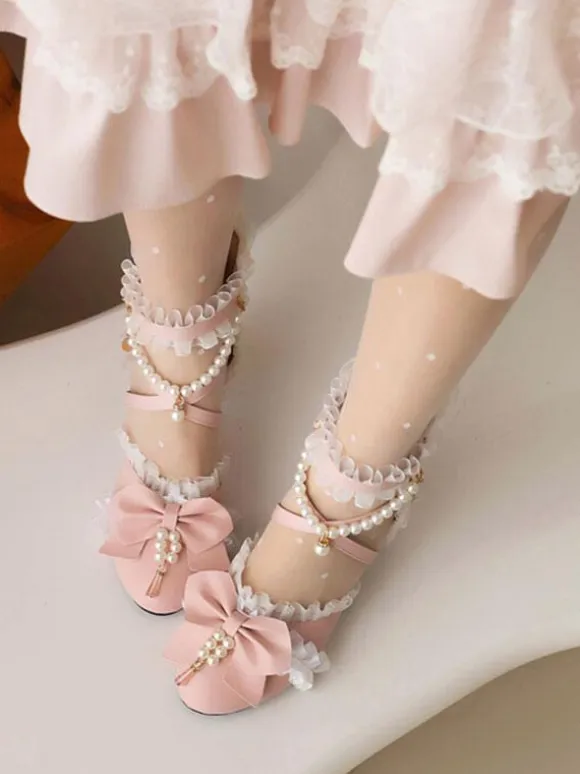 Sweet Lolita Sandals Bows Pearls Ruffles Round Toe PU Leather White Lolita Summer Shoes
