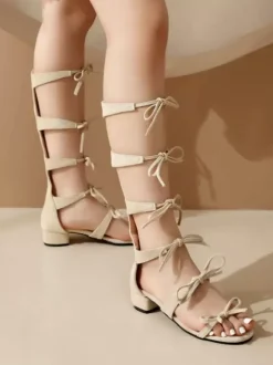 Sweet Lolita Sandals Bows Round Toe Suede Nap Ecru White Lolita Summer Shoes