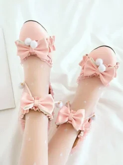 Sweet Lolita Sandals Bows Round Toe PU Leather Chunky Heel Daily Casual Pink Lolita Summer Ankle Strap Heels