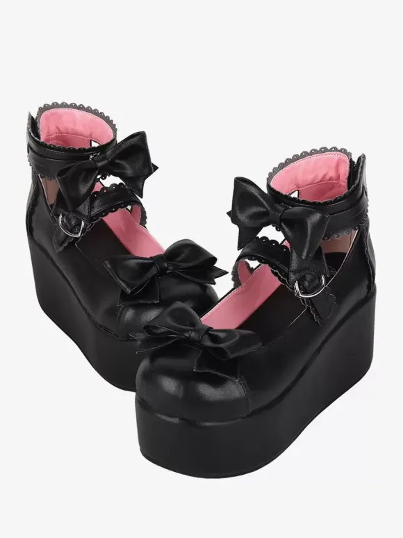 Sweet Lolita Sandals Butterfly Round Toe butterfly Pattern PU Leather Black Lolita Summer Shoes