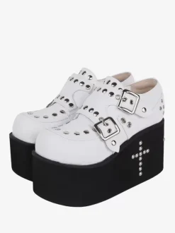 Sweet Lolita Sandals Grommets Round Toe Metallic PU Leather White Lolita Summer Shoes