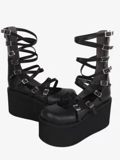 Sweet Lolita Sandals Lace up Round Toe PU Leather Black Lolita Summer Shoes