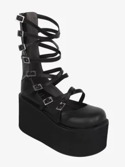 Sweet Lolita Sandals Lace up Round Toe PU Leather Black Lolita Summer Shoes