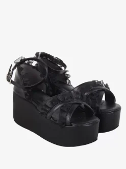Sweet Lolita Sandals Lace Peep Toe Lace PU Leather Black Lolita Summer Shoes