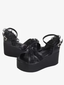Sweet Lolita Sandals Lace Peep Toe Lace PU Leather Black Lolita Summer Shoes