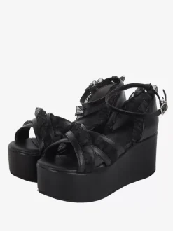 Sweet Lolita Sandals Lace Peep Toe Lace PU Leather Black Lolita Summer Shoes