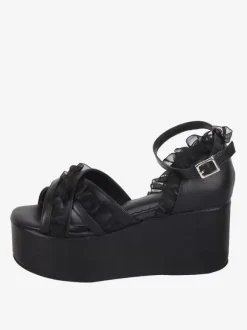 Sweet Lolita Sandals Lace Peep Toe Lace PU Leather Black Lolita Summer Shoes