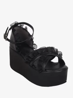 Sweet Lolita Sandals Lace Peep Toe Lace PU Leather Black Lolita Summer Shoes