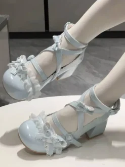 Sweet Lolita Shoes Ankle Cross Straps Blue Bows Round Toe PU Leather Chunky Heel Lolita Shoes