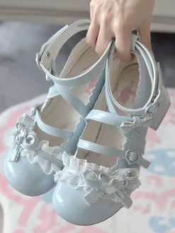 Sweet Lolita Shoes Ankle Cross Straps Blue Bows Round Toe PU Leather Chunky Heel Lolita Shoes
