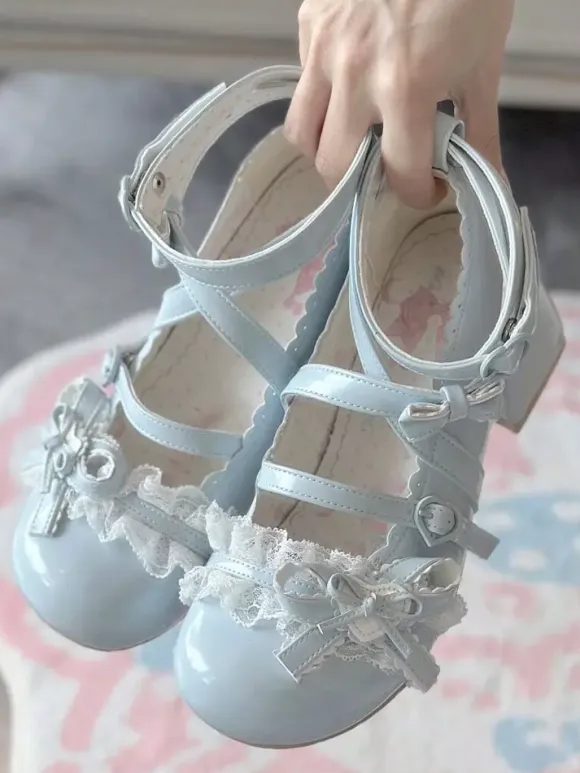 Sweet Lolita Shoes Ankle Cross Straps Blue Bows Round Toe PU Leather Chunky Heel Lolita Shoes