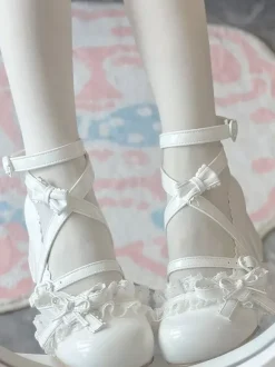 Sweet Lolita Shoes Ankle Cross Straps Blue Bows Round Toe PU Leather Chunky Heel Lolita Shoes
