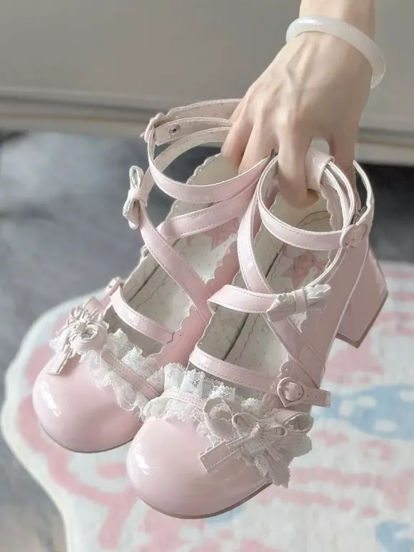 Sweet Lolita Shoes Ankle Cross Straps Blue Bows Round Toe PU Leather Chunky Heel Lolita Shoes