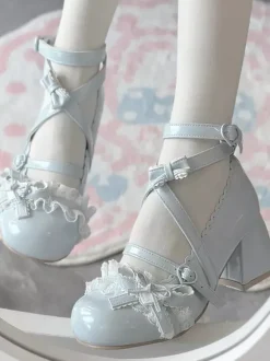 Sweet Lolita Shoes Ankle Cross Straps Blue Bows Round Toe PU Leather Chunky Heel Lolita Shoes