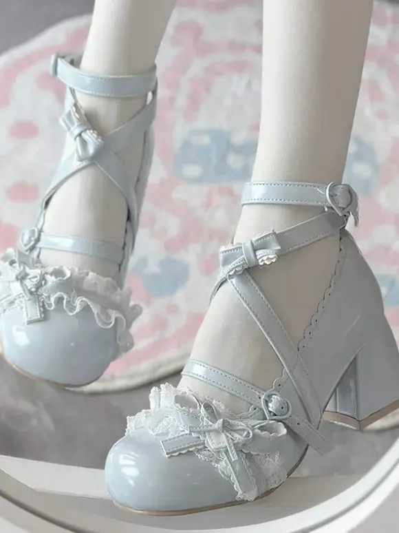 Sweet Lolita Shoes Ankle Cross Straps Blue Bows Round Toe PU Leather Chunky Heel Lolita Shoes