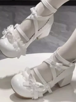 Sweet Lolita Shoes Ankle Cross Straps Blue Bows Round Toe PU Leather Chunky Heel Lolita Shoes