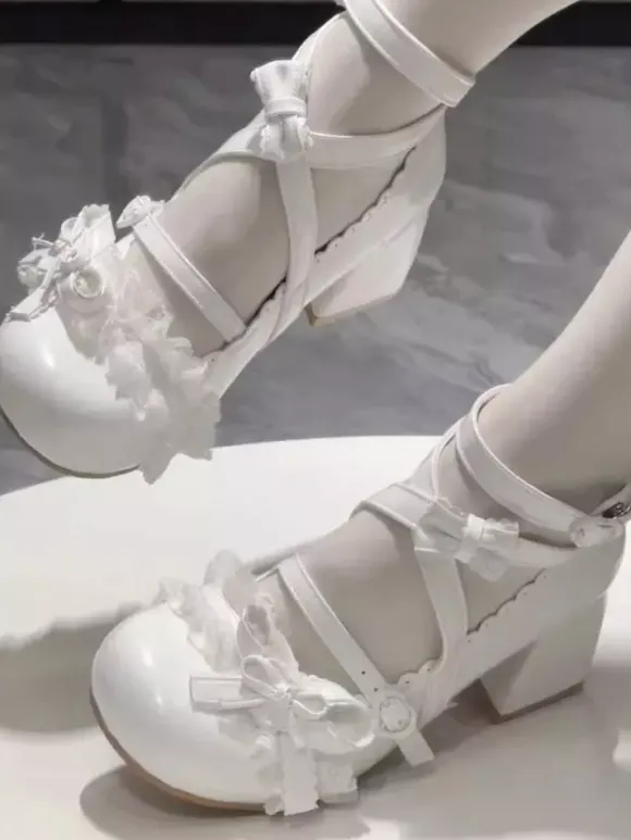 Sweet Lolita Shoes Ankle Cross Straps Blue Bows Round Toe PU Leather Chunky Heel Lolita Shoes