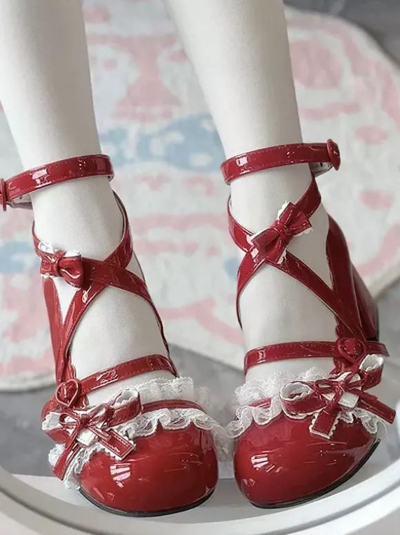 Sweet Lolita Shoes Ankle Cross Straps Blue Bows Round Toe PU Leather Chunky Heel Lolita Shoes