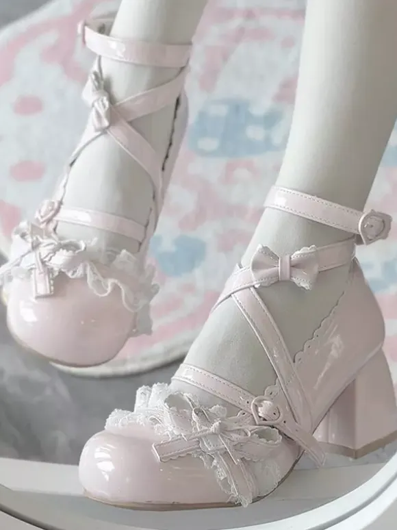 Sweet Lolita Shoes Ankle Cross Straps Blue Bows Round Toe PU Leather Chunky Heel Lolita Shoes