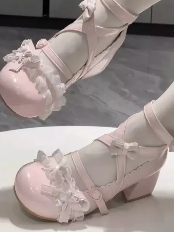 Sweet Lolita Shoes Ankle Cross Straps Blue Bows Round Toe PU Leather Chunky Heel Lolita Shoes