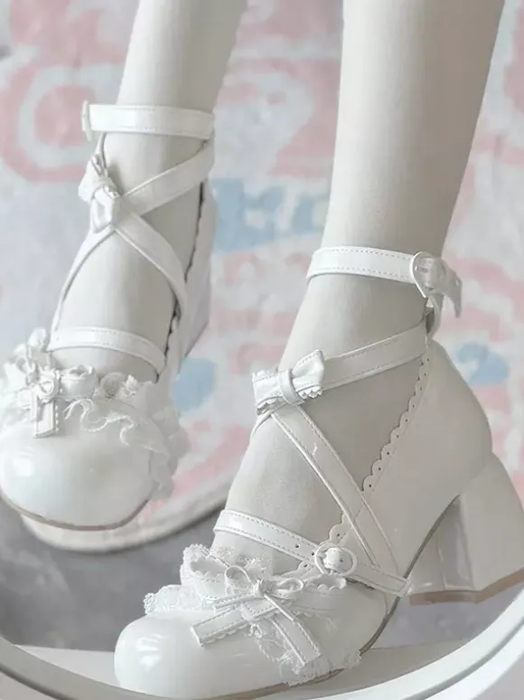 Sweet Lolita Shoes Ankle Cross Straps Blue Bows Round Toe PU Leather Chunky Heel Lolita Shoes