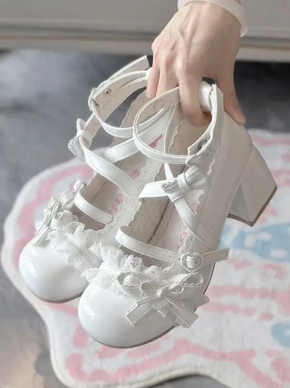Sweet Lolita Shoes Ankle Cross Straps Blue Bows Round Toe PU Leather Chunky Heel Lolita Shoes