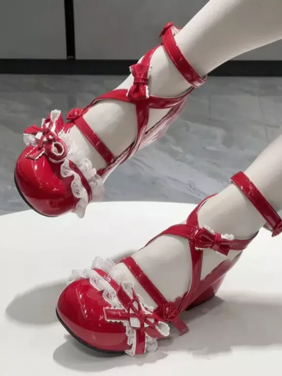 Sweet Lolita Shoes Ankle Cross Straps Blue Bows Round Toe PU Leather Chunky Heel Lolita Shoes