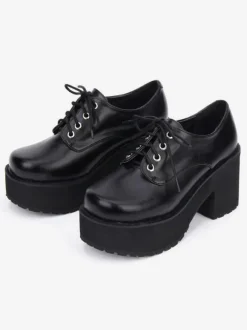 Sweet Lolita Shoes Black Platform Chunky Heel Lace Up Lolita Boots