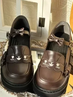 Sweet Lolita Shoes Black Stars Print Bows Round Toe PU Leather Flat Lolita Shoes High Quality