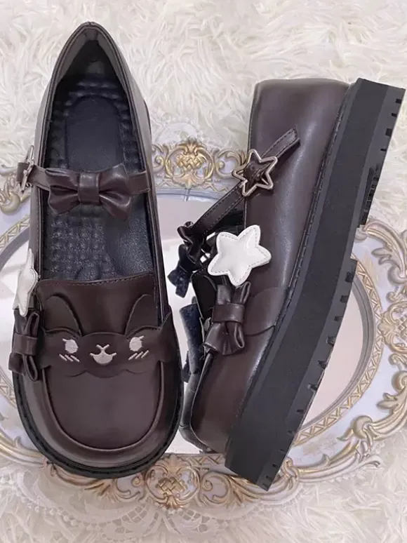 Sweet Lolita Shoes Black Stars Print Bows Round Toe PU Leather Flat Lolita Shoes High Quality